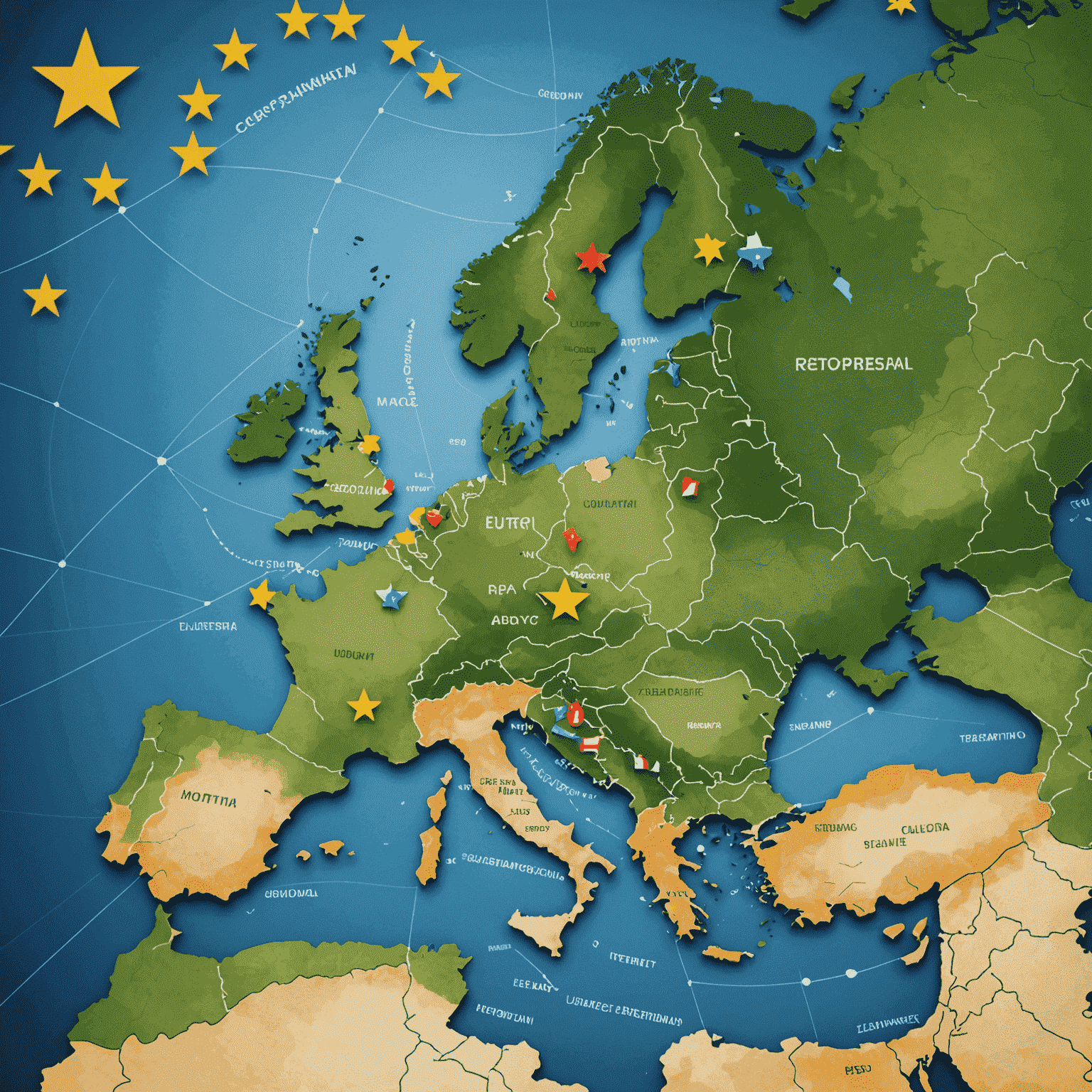 Illustration of a map of Europe with SEPA countries highlighted, and euro symbols flowing between them, representing cross-border transactions