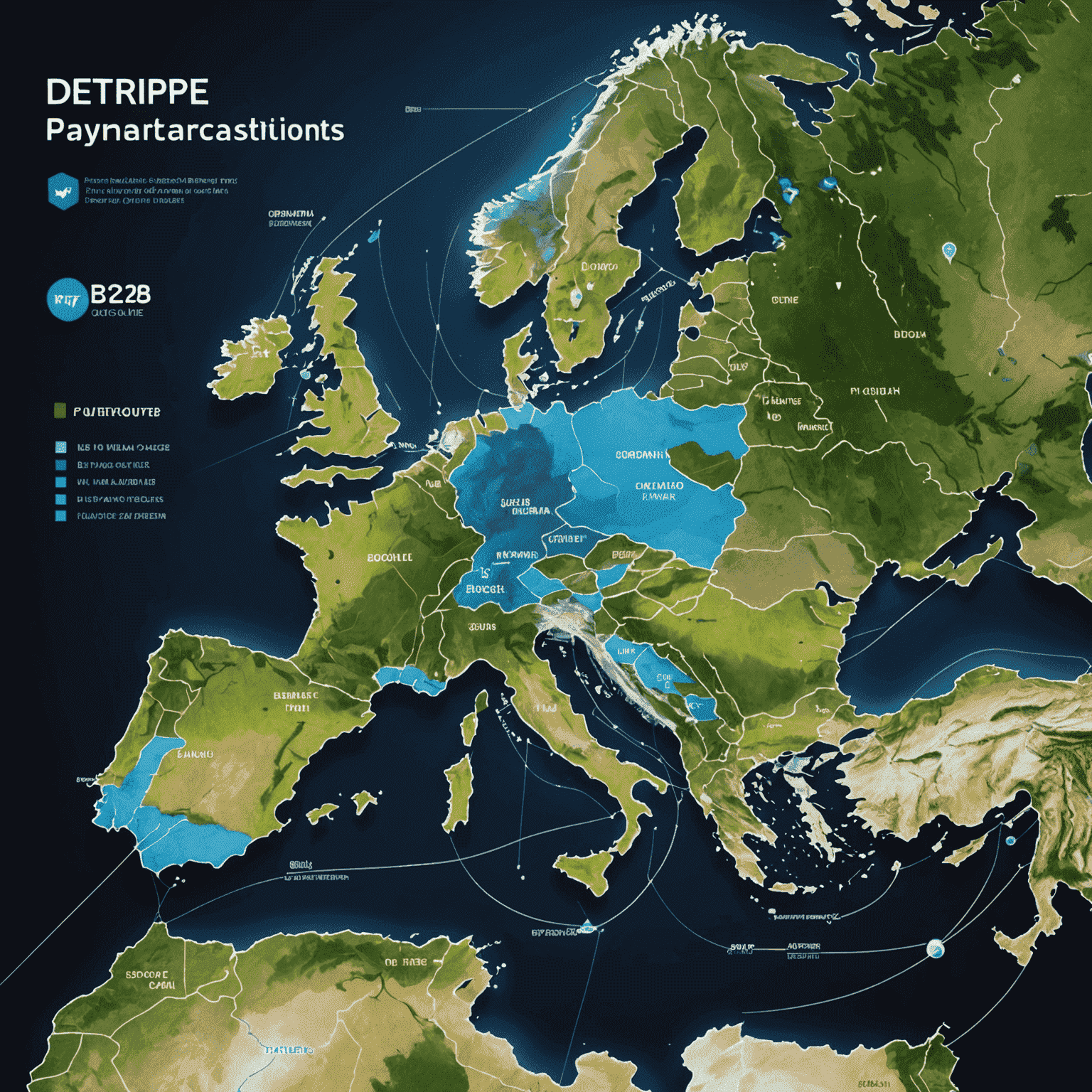 Futuristic visualization of digital B2B payment transactions flowing across a map of Europe