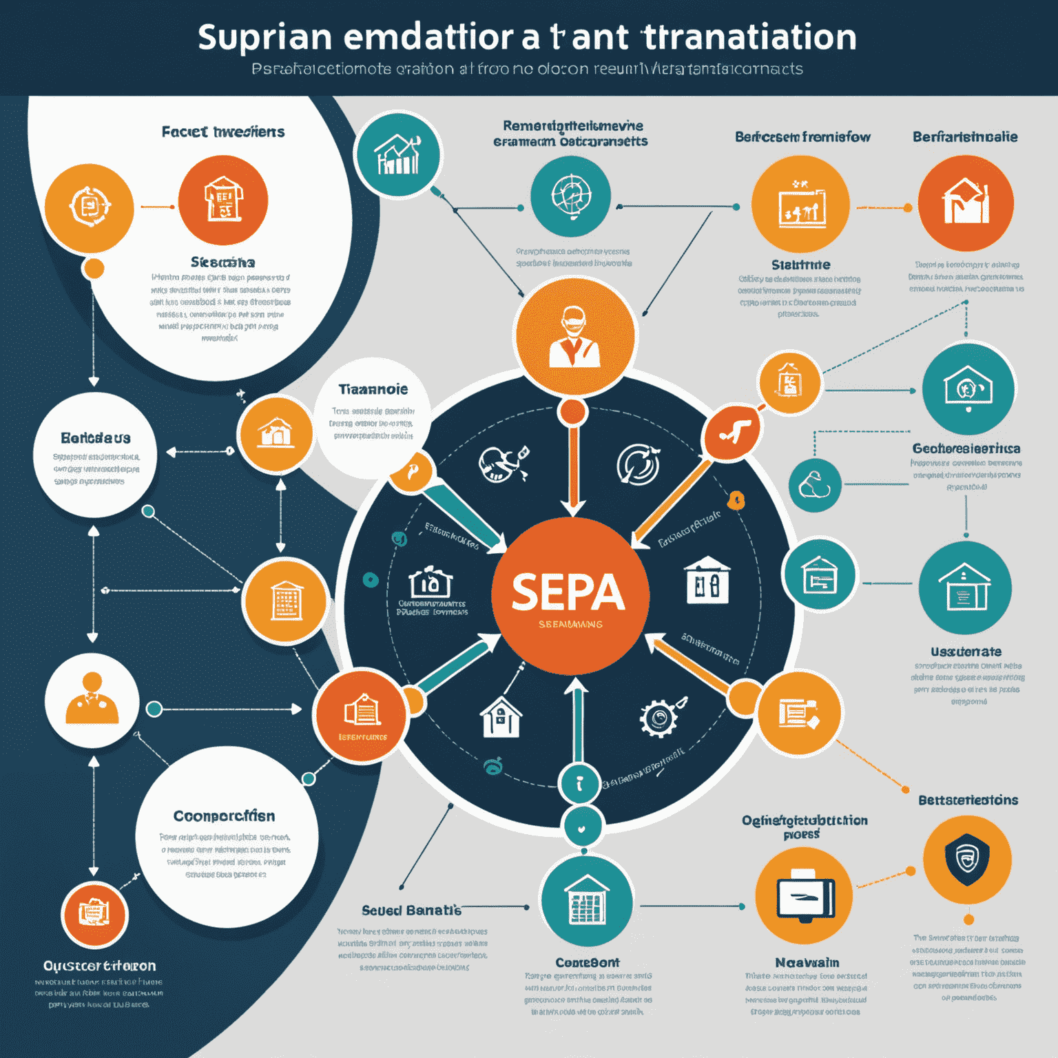 Infographic showing the flow of a SEPA transaction, from initiation to completion, with icons representing different stages and benefits