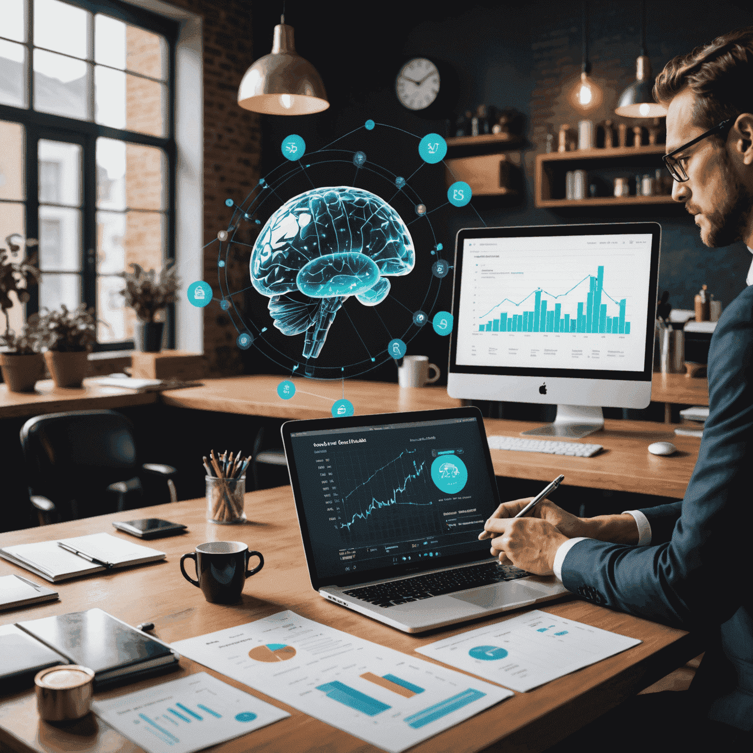 Visual representation of AI analyzing payment data and predicting cash flow trends for a small business